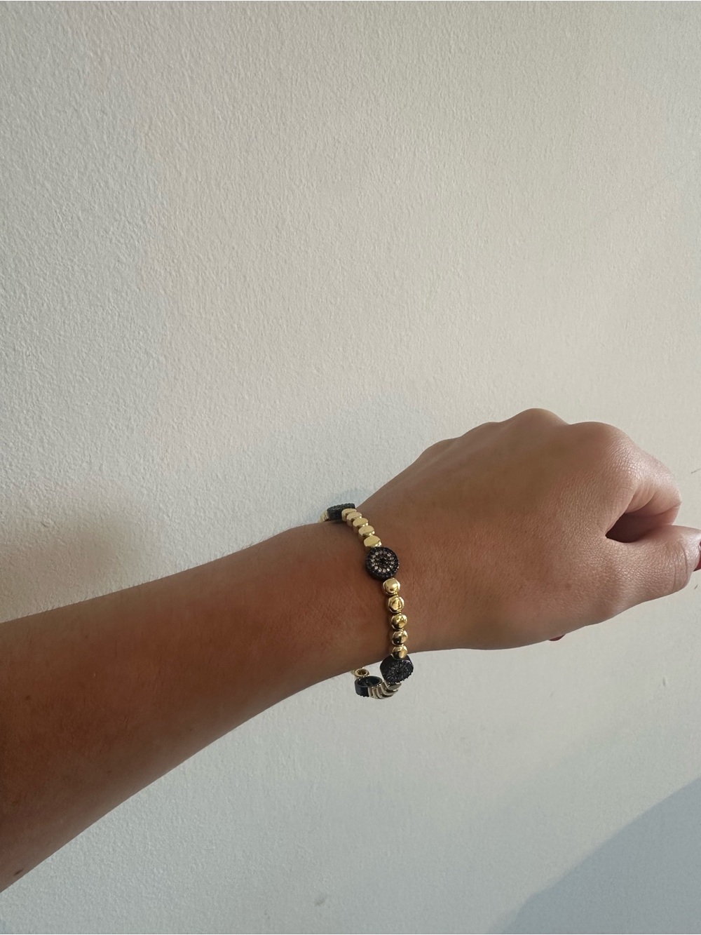 Gold Beaded Bracelet with Navy Pave Discs